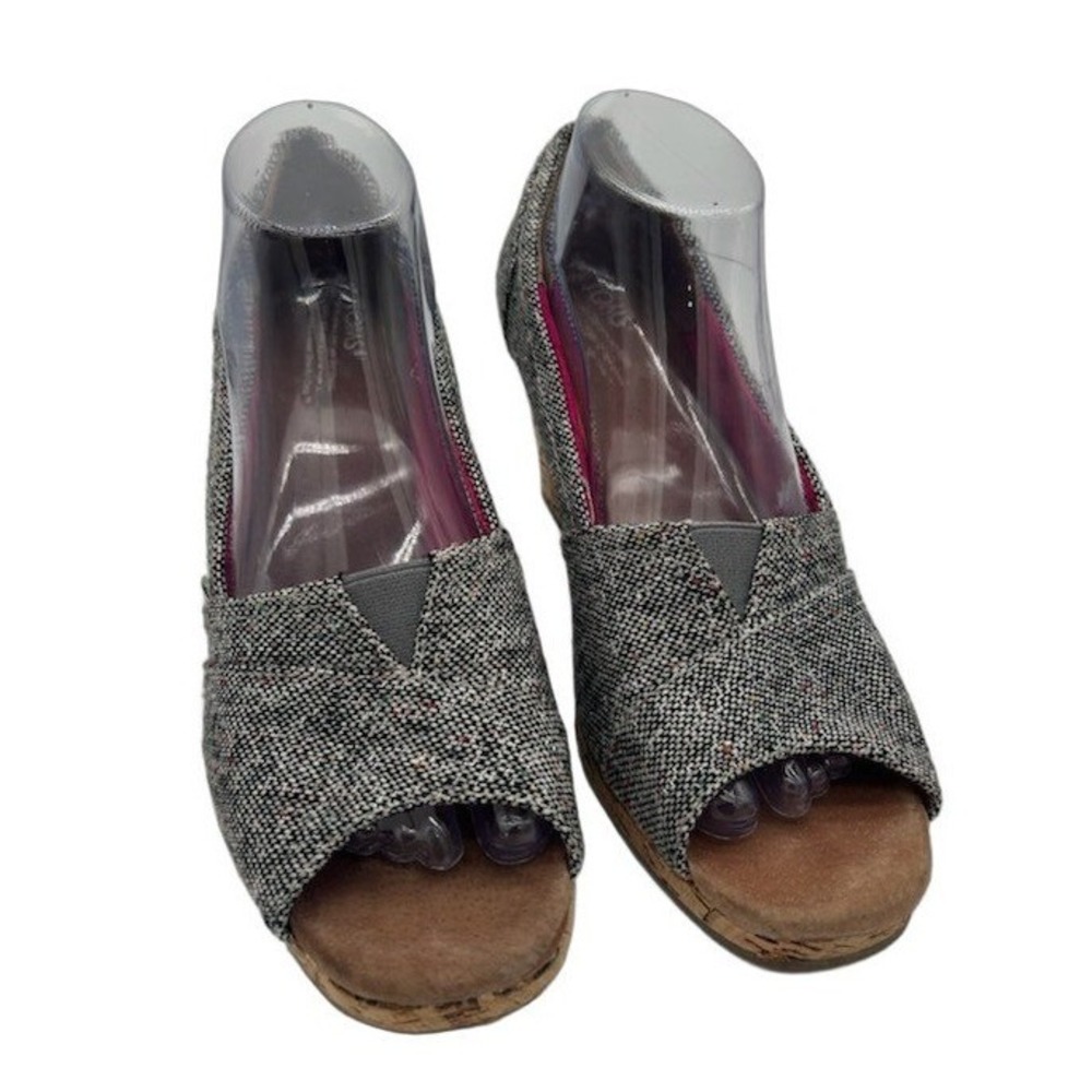 TOMS Wedge Sandals Women's Size Grey Tweed Peep Toe Cork Platform Pumps Shoes